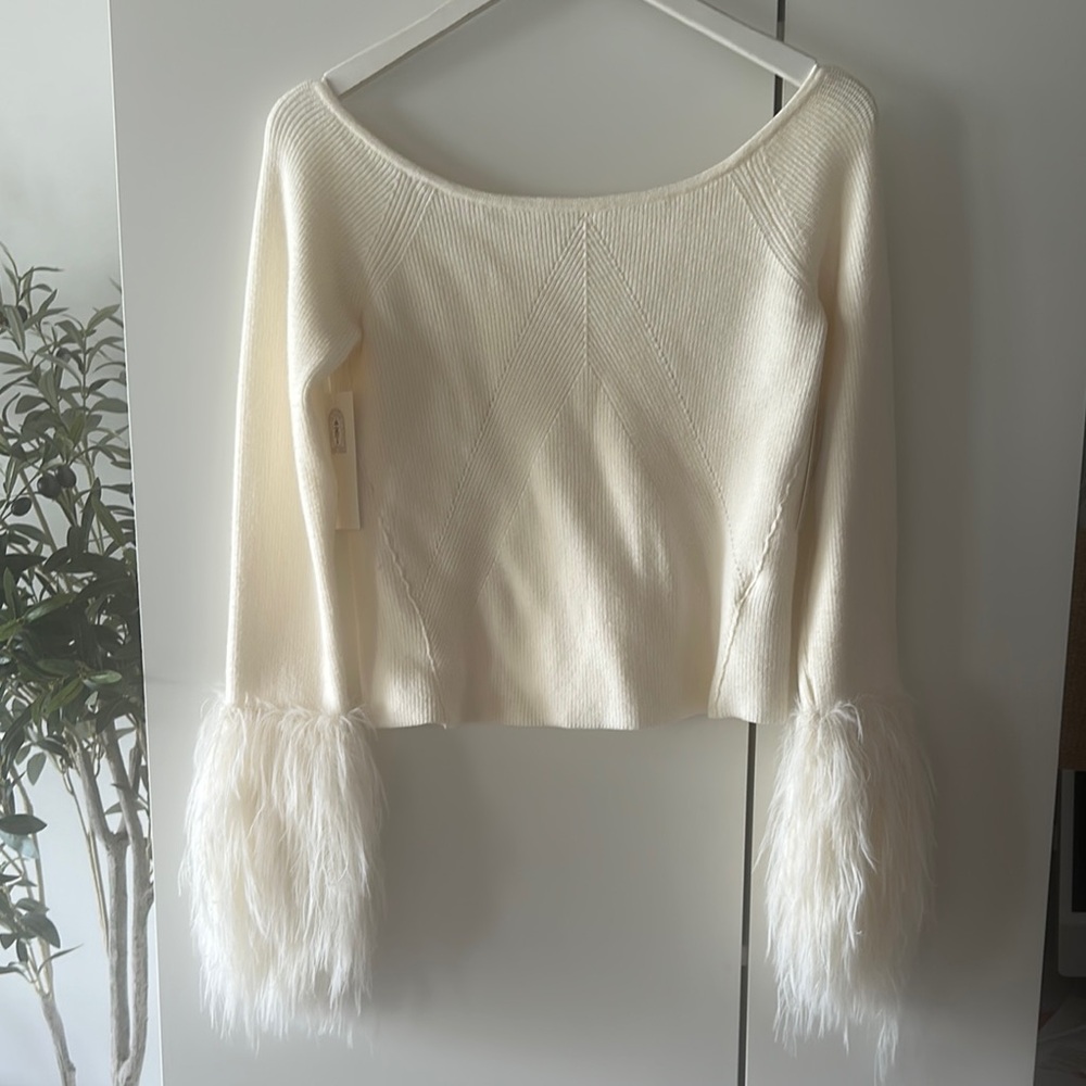 Free People Cream Off-the-Shoulder Sweater with Faux Fur Cuffs